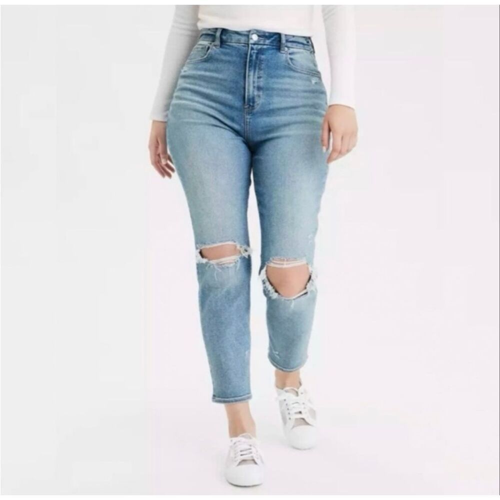 American Eagle Curvy Mom Jean Stretch Rips Light Blue Denim High Rise 12 Long